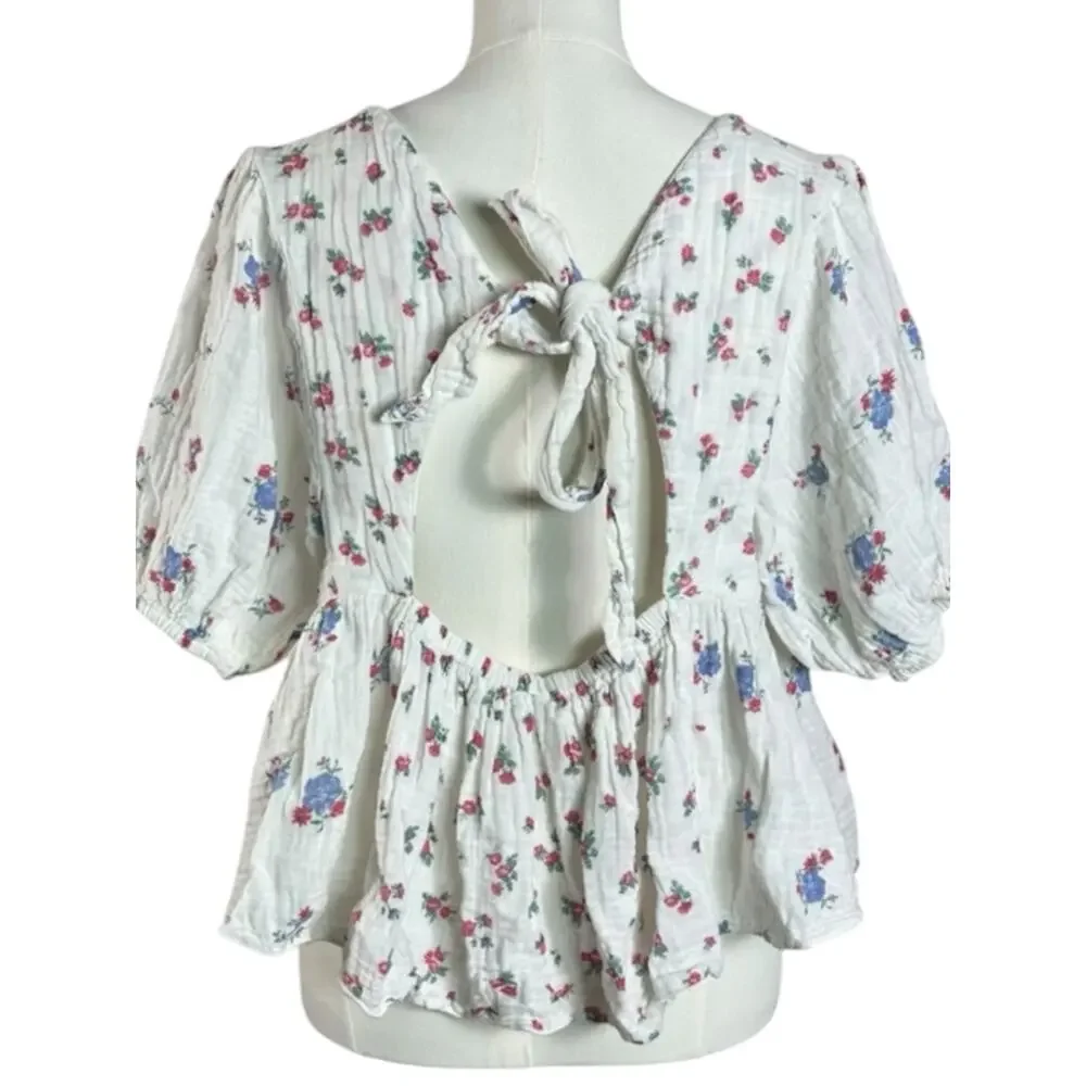 Free People Dainty Chloe Printed Top Floral XL Cottage Bow Gauze Shabby Chic